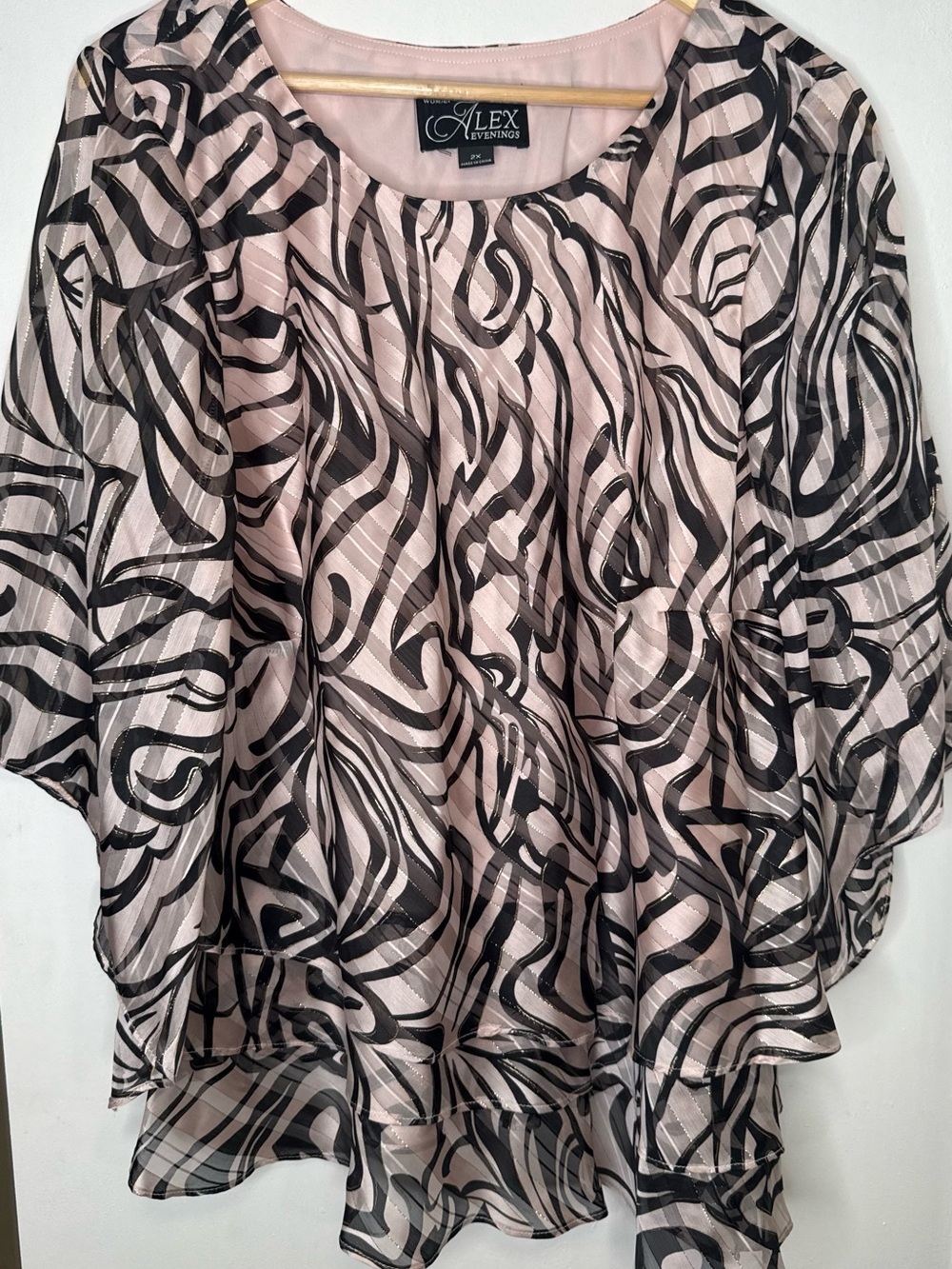 Alex Evenings Pink Chiffon Blouse with Black Abstract Swirl Print